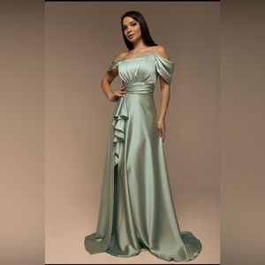 Off the shoulder sage satin gown